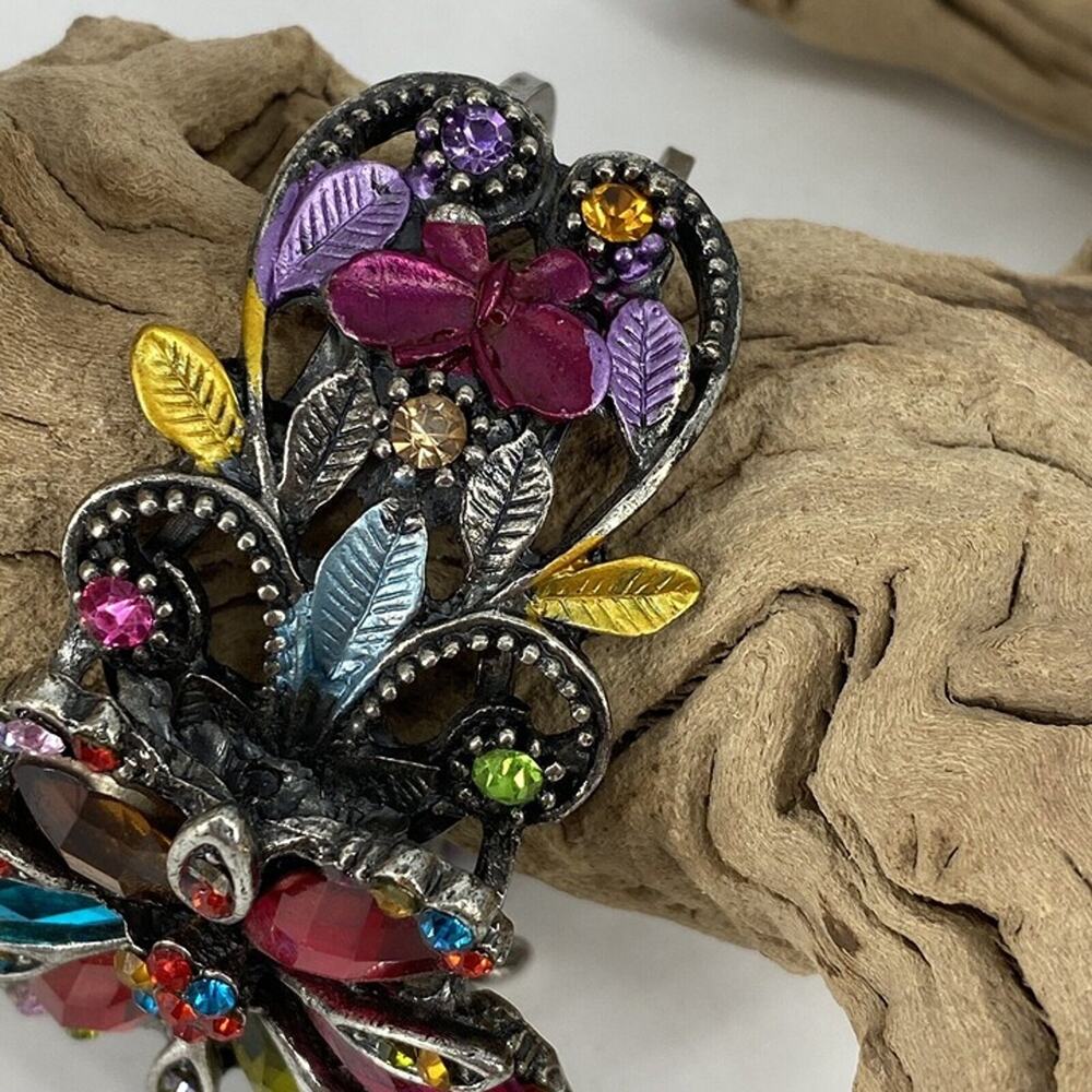Silver And Rhinestone Floral Bangle. Hinged. Multicolored. Butterfly. Big. - Picture 3 of 7